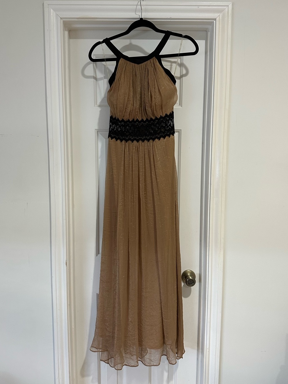 Daisy Tan/gold Maxi Dress with Black lace Trim